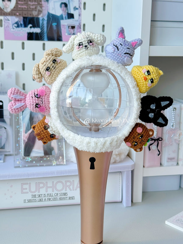 ATEEZ OT8 crochet cover lightstick Lightiny decals | Aniteez-inspired handmade kpop concert deco merch | San Yeo Mingi Yunho Hwa Jongho